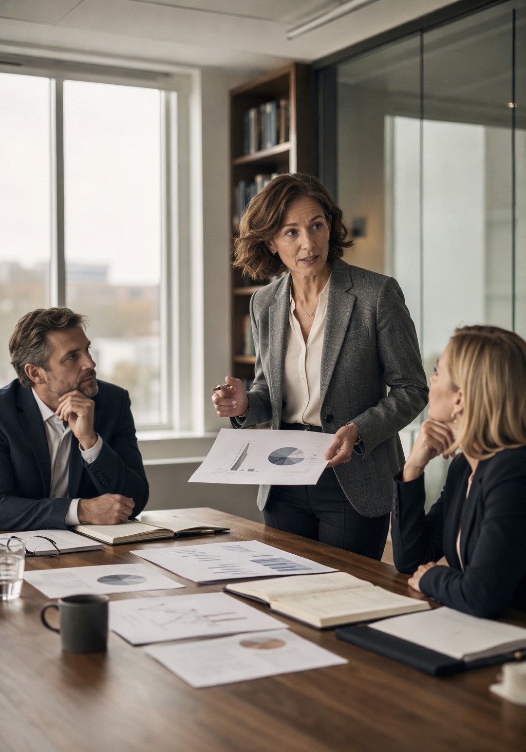 A board meeting in a bright conference room, printed reports and charts on the table, one person presenting