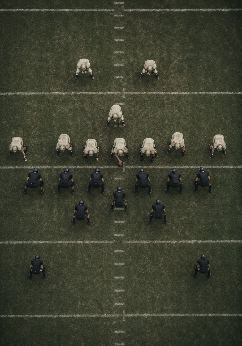 Overhead film-study view of an American football formation at the line of scrimmage, yard lines crossing faded turf