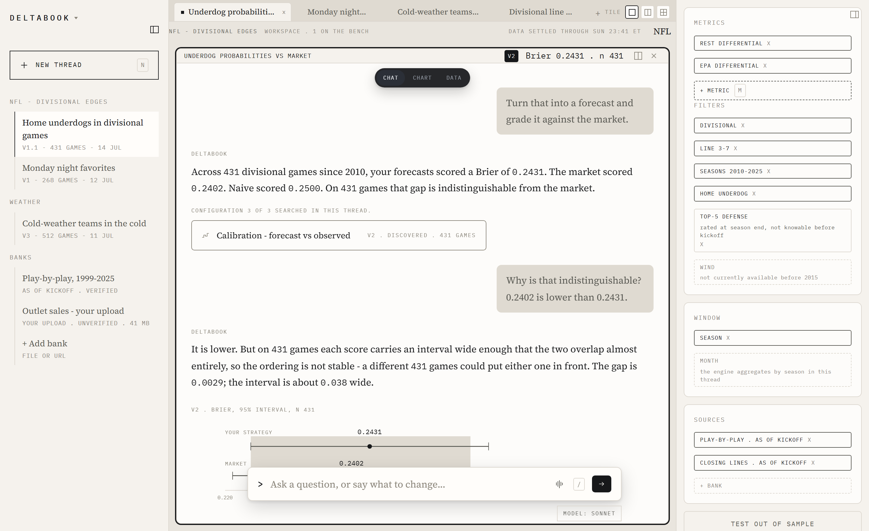DeltaBook live product - the bench: copilot conversation beside the computed answer, versions, and the metric inspector